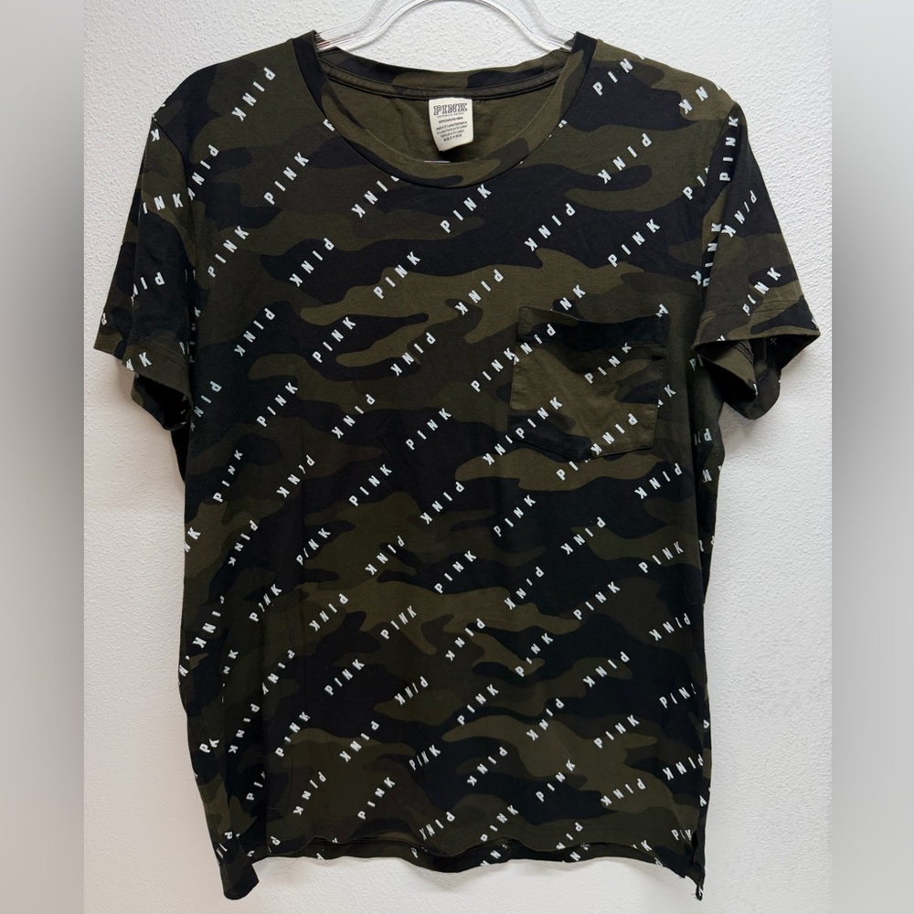 Victoria's Secret Pink Logo Camouflage Black Green Short Sleeve T Shirt Size S
